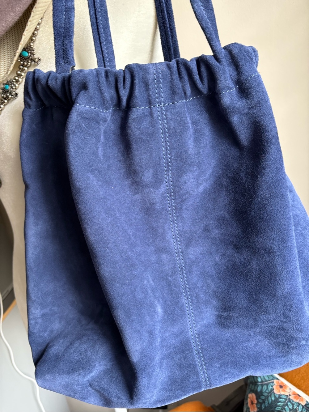 Blue Suede Drawstring Tote Bag - Picture 3 of 9